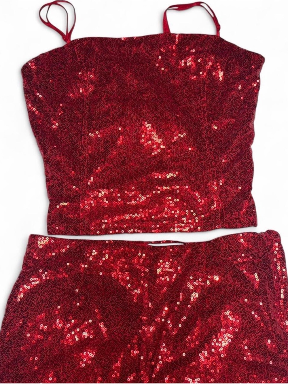 Y2K Glam Sequin Two Piece Set | Red Sparkle Disco Flare Pants & Matching Top🪩